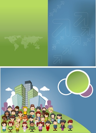 Blue and green template for advertising brochure with cartoon people on the cityのイラスト素材