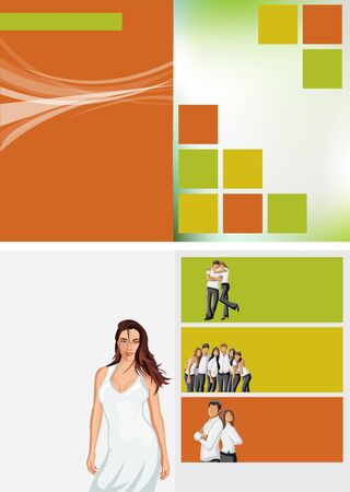Yellow, orange and green template for advertising brochure with woman in white dressのイラスト素材