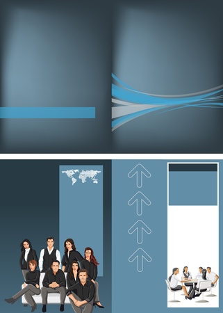 Blue and black template for advertising brochure with business people のイラスト素材