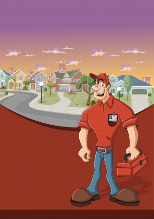Red template for advertising brochure with worker with red tool box in front of suburb neighborhoodのイラスト素材
