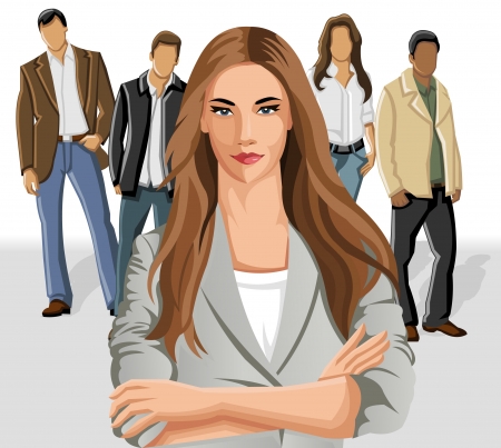 Business woman wearing gray suit with office people on the backgroundのイラスト素材