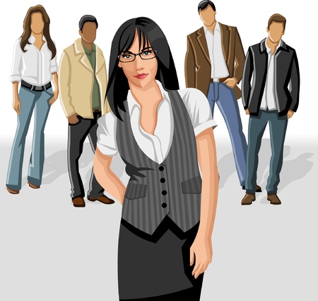 Business woman wearing gray vest with office people on the backgroundのイラスト素材