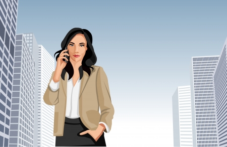 Woman talking on cellphone with city on the backgroundのイラスト素材