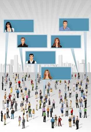 Crowd of business people talking by speech balloons on the cityのイラスト素材