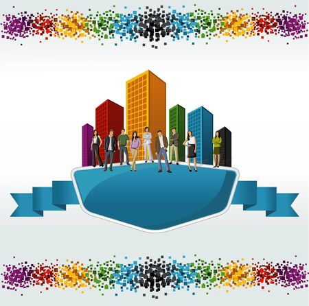 Template with a group of business people in front of a colorful city landscape のイラスト素材