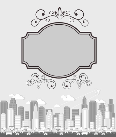 Border design elements for layout over black and white cartoon city landscape.のイラスト素材