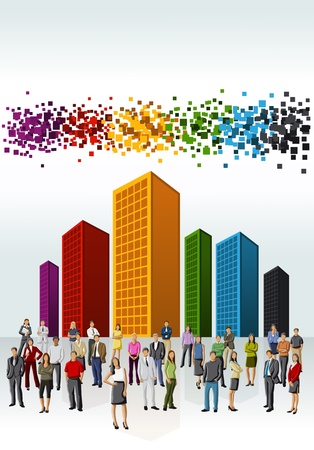 Template of a group of business and office people with colorful city landscape のイラスト素材