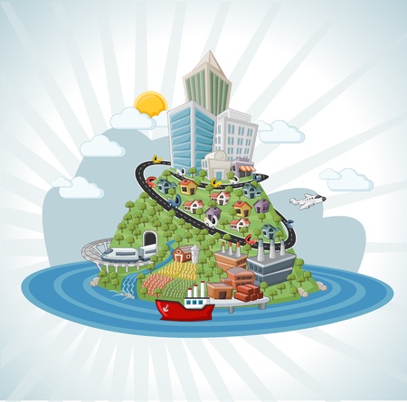 Colorful cartoon city with roads, building, cars, airplane, ship.のイラスト素材
