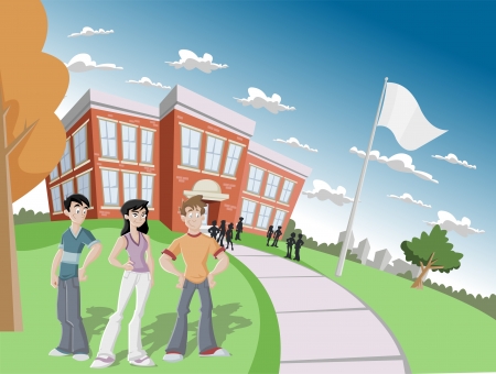 Group of Students in front of Elementary schoolのイラスト素材