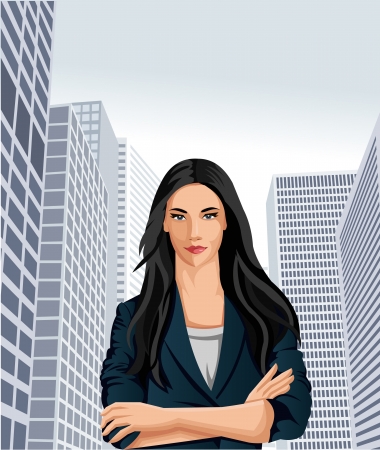 Template of a business woman wearing blue suit with office buildings on the backgroundのイラスト素材
