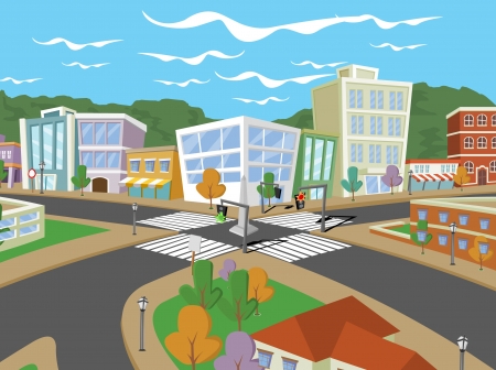 Colorful cartoon city with houses and buildingsのイラスト素材