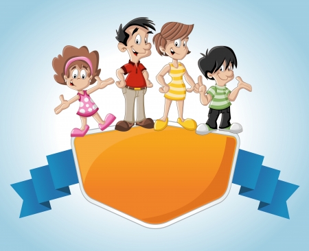 Template with a cute happy cartoon familyのイラスト素材