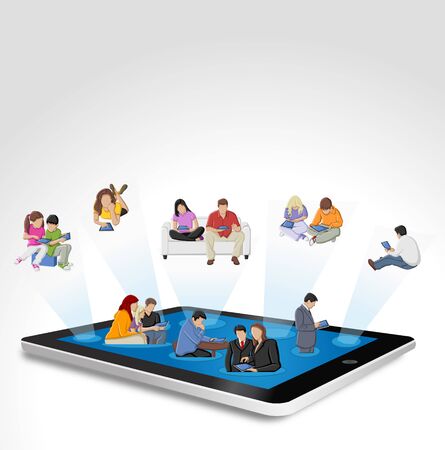 Tablet with big group of peopleのイラスト素材