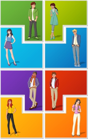 Colorful template for advertising brochure with fashion cartoon young people. Teenagers.のイラスト素材