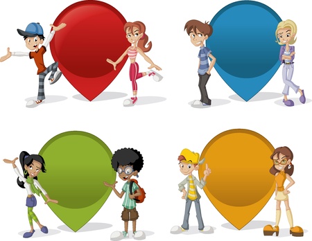 Cartoon teenagers in front of Colorful pointers のイラスト素材
