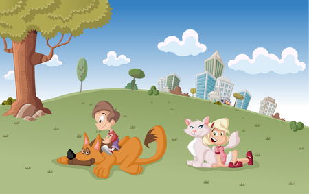 Colorful cute happy cartoon boy and girl with dog and cat on city parkのイラスト素材