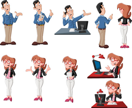 Happy cartoon couple in different poses working on computerのイラスト素材
