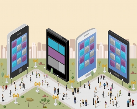 Business people in a city with smart phonesのイラスト素材