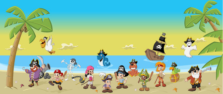 Group of cartoon pirates with funny animals on a beautiful tropical beachのイラスト素材
