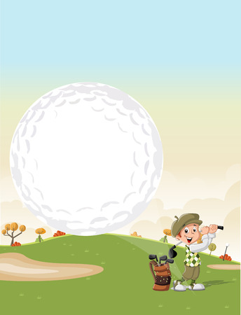 Cartoon golfer boy shooting a golf ball on green courseのイラスト素材