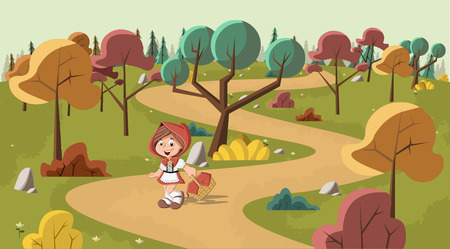 Cute cartoon little red riding hood in the wood with a basket in handsのイラスト素材