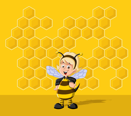 Cartoon bee girl in front of a honeycomb. Bee hive.のイラスト素材