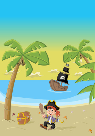 Cartoon pirate boy on a beautiful tropical beachのイラスト素材