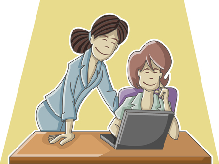 Cartoon business woman working on office computerのイラスト素材