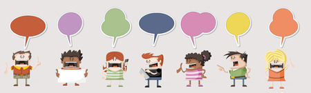 Colorful group of happy cartoon people talking with speech balloonのイラスト素材