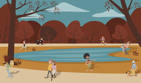 Group of cute happy cartoon people in the parkのイラスト素材