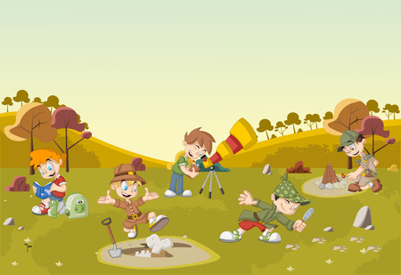 Group of cartoon explorer boys on green field wearing different costumesのイラスト素材