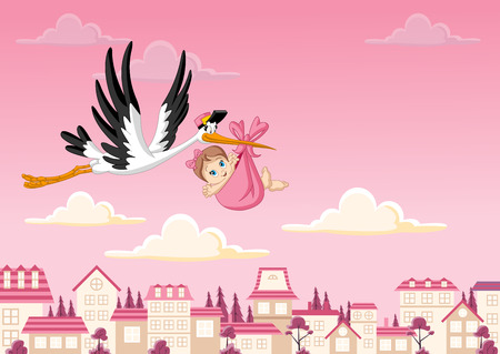 Cartoon stork delivering a newborn baby girlのイラスト素材