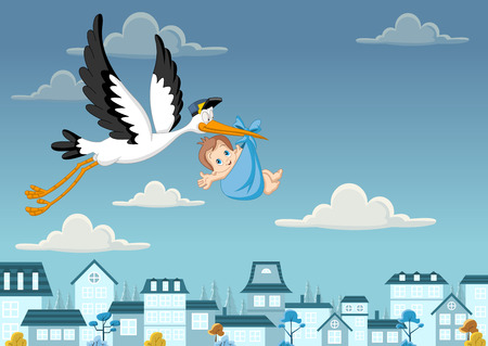 Cartoon stork delivering a newborn baby boyのイラスト素材