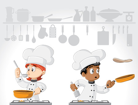 Cartoon gourmet chefs cooking food on white kitchen.のイラスト素材