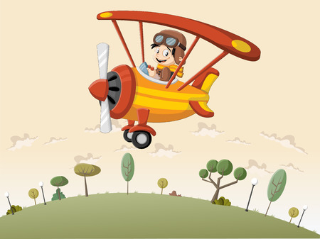 Cartoon boy pilot on the airplane flying over green hillのイラスト素材