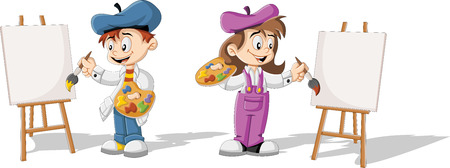 Cartoon children painting blank canvas on a wooden easelのイラスト素材