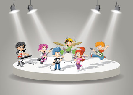 Band with cartoon children playing rock'n'roll on stageのイラスト素材
