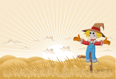 Farm landscape with cartoon scarecrowのイラスト素材
