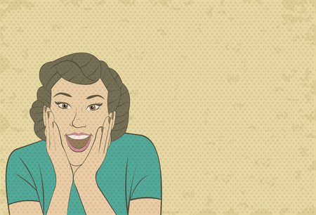 Beautiful brunet retro woman surprised. Vintage art.のイラスト素材