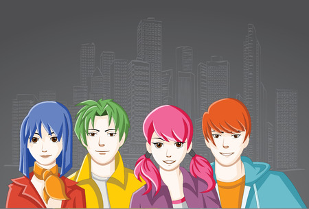 Group of cartoon young people in the city. Manga anime teenagers.のイラスト素材