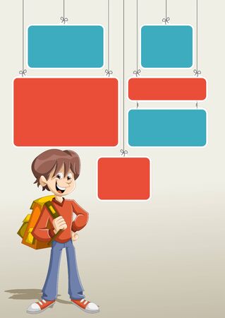 Red and blue template for advertising brochure with cartoon young boy student with backpack.のイラスト素材