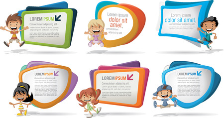 Colorful template for advertising brochure with a group of six cartoon childrenのイラスト素材