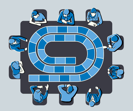 Blue meeting table with business people around a board game path.のイラスト素材