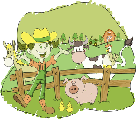 Cartoon farmer girl on a farm with animalsのイラスト素材