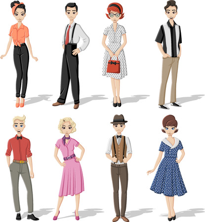 Group of people wearing retro vintage clothes.のイラスト素材