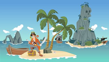 Cartoon pirates on a beautiful tropical beach with gold chestのイラスト素材