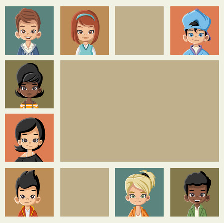 Template for advertising brochure with cartoon young people. Teenagers.のイラスト素材