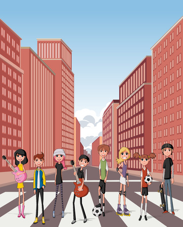 Group of cartoon young people. Teenagers in the street of downtown city with buildingsのイラスト素材