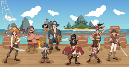 Group of cartoon pirates on the deck of a shipのイラスト素材