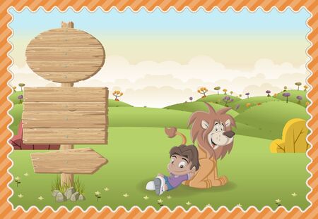 Card with a wooden signs. Cartoon boy playing with a lion on a green park.のイラスト素材